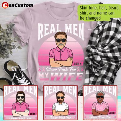 Real Men Wear Pink For Wife Breast Cancer Awareness Personalized Shirt