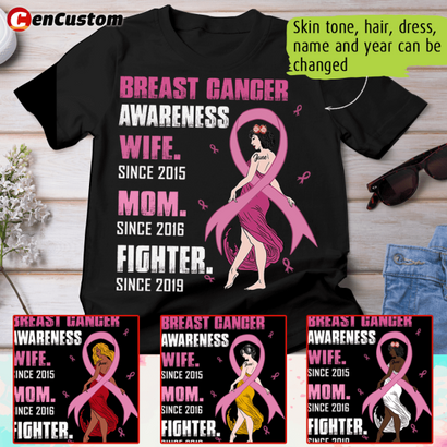 Wife Mom Fighter Breast Cancer Awareness Personalized Shirt
