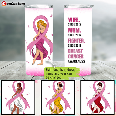 Wife Mom Fighter Breast Cancer Awareness Personalized Tumbler